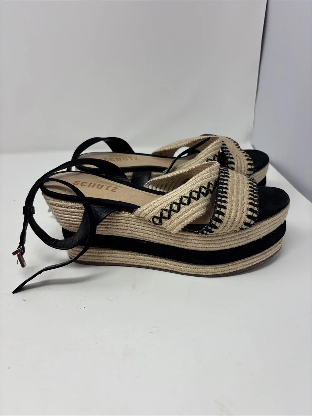 SCHUTZ | 6.5B 6.5 B Black and Natural Espadrille Platform Sandals